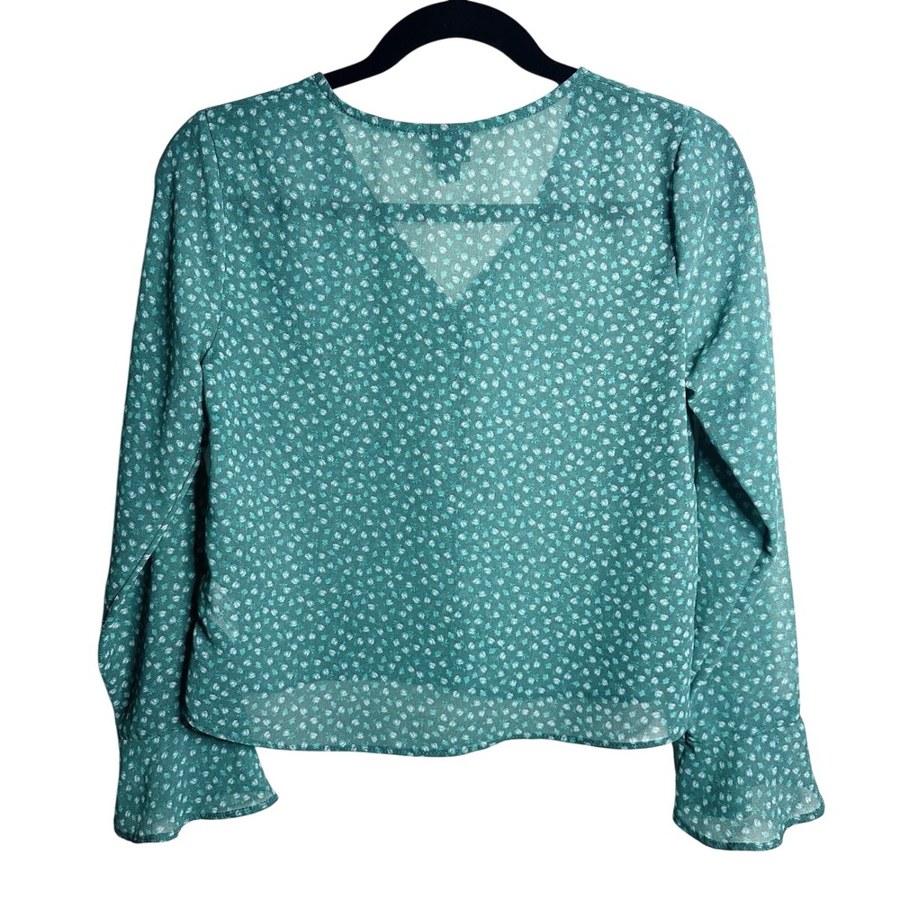 Art Class Girls XL 14 Green Floral Tie Front Blouse Long Sleeve Bell Cuff Spring - Picture 2 of 10